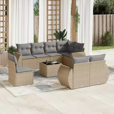 Set Divano da Giardino 9 pz con Cuscini Beige in Polyrattan