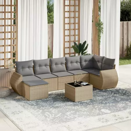 Set Divano da Giardino 8 pz con Cuscini Beige in Polyrattan