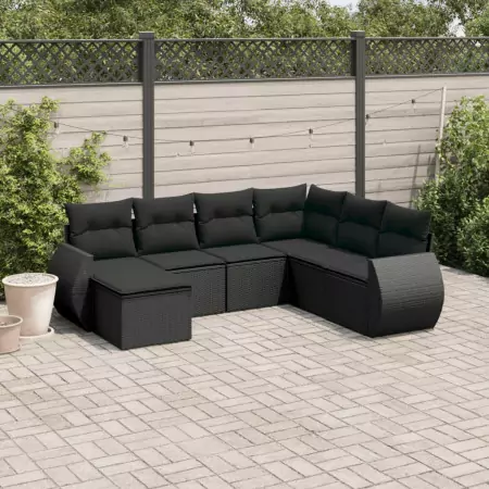 Set Divani da Giardino con Cuscini 7pz Nero Polyrattan