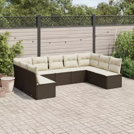 Set Divani da Giardino 9pz con Cuscini Marrone in Polyrattan