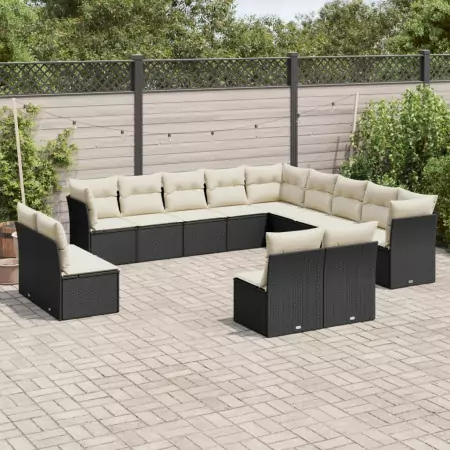 Set Divani da Giardino 13pz con Cuscini Nero in Polyrattan