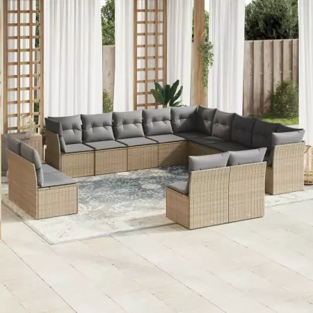 Set Divano da Giardino 13 pz con Cuscini Beige in Polyrattan