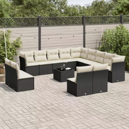 Set Divani da Giardino 14pz con Cuscini in Polyrattan Nero