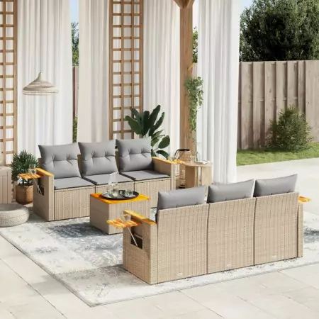 Set Divani da Giardino 7 pz con Cuscini Beige in Polyrattan