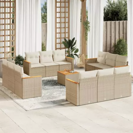 Set Divano da Giardino 13 pz con Cuscini Beige in Polyrattan