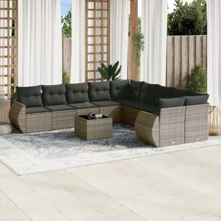 Set Divani da Giardino 11 pz con Cuscini in Polyrattan Grigio