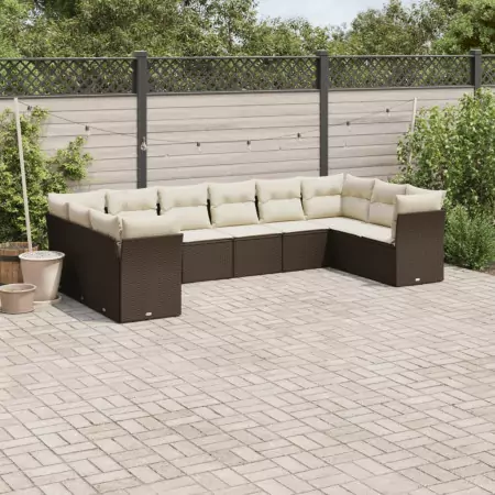 Set Divani da Giardino 10pz con Cuscini in Polyrattan Marrone