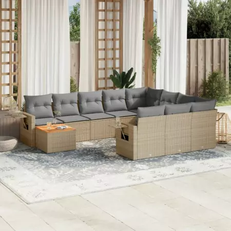 Set Divani da Giardino 11 pz con Cuscini Beige in Polyrattan