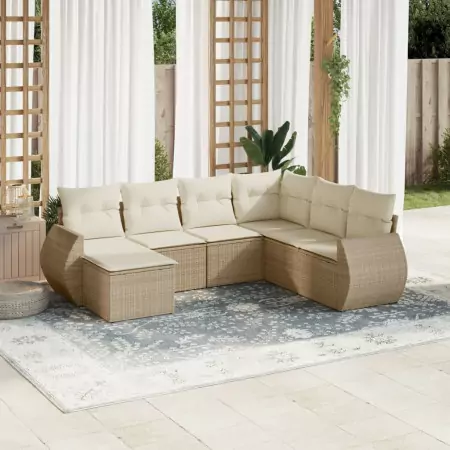 Set Divani da Giardino 7 pz con Cuscini Beige in Polyrattan