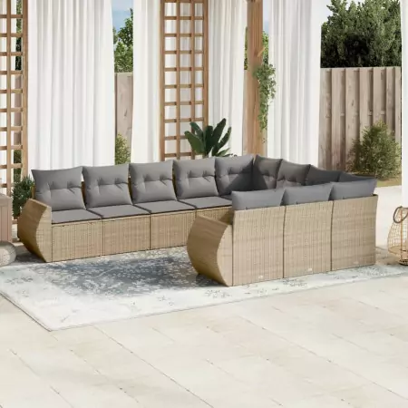 Set Divano da Giardino 10 pz con Cuscini Beige in Polyrattan