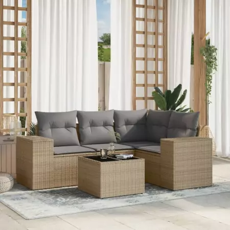 Set Divano da Giardino 5 pz con Cuscini Beige in Polyrattan