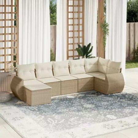 Set Divani da Giardino 7 pz con Cuscini Beige in Polyrattan