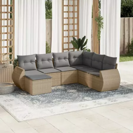 Set Divani da Giardino 7 pz con Cuscini Beige in Polyrattan