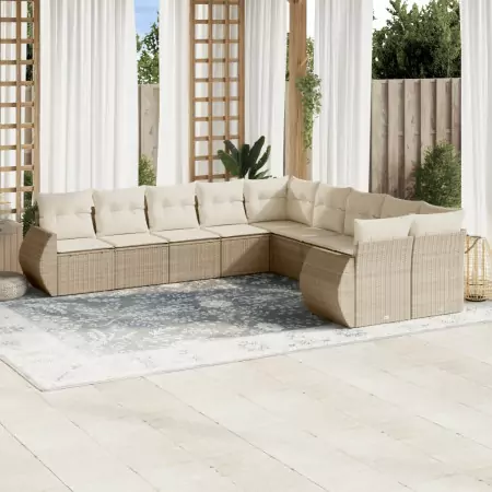 Set Divano da Giardino 10 pz con Cuscini Beige in Polyrattan