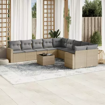 Set Divani da Giardino 11 pz con Cuscini Beige in Polyrattan