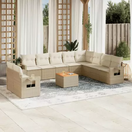 Set Divani da Giardino 11 pz con Cuscini Beige in Polyrattan