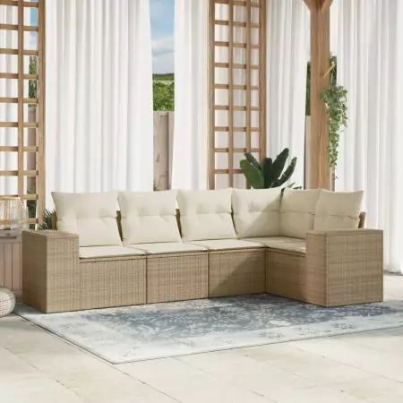 Set Divano da Giardino 5 pz con Cuscini Beige in Polyrattan