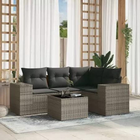 Set Divano da Giardino 5 pz con Cuscini Grigio in Polyrattan