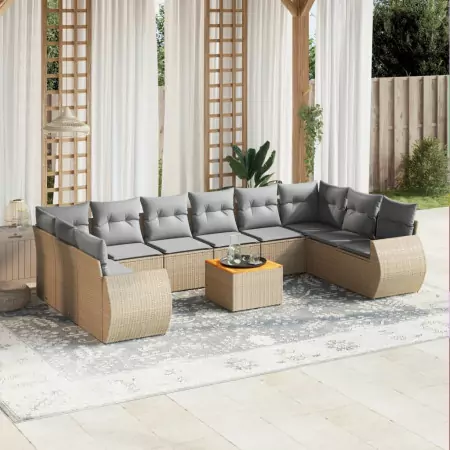 Set Divani da Giardino 11 pz con Cuscini Beige in Polyrattan