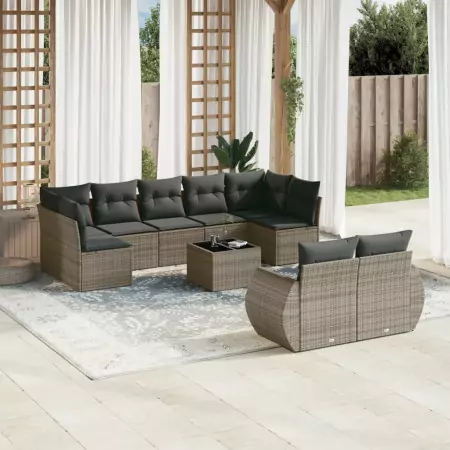 Set Divano da Giardino 10 pz con Cuscini Grigio in Polyrattan