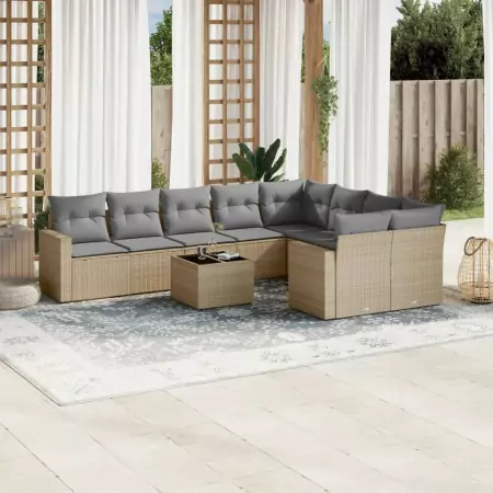 Set Divano da Giardino 10 pz con Cuscini Beige in Polyrattan