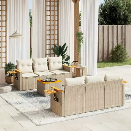 Set Divani da Giardino 7 pz con Cuscini Beige in Polyrattan