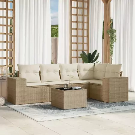 Set Divano da Giardino 6 pz con Cuscini Beige in Polyrattan