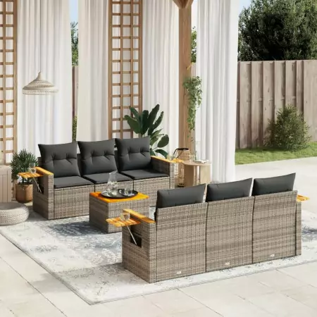 Set Divani da Giardino 7 pz con Cuscini Grigio in Polyrattan