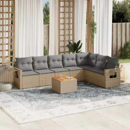 Set Divano da Giardino 8 pz con Cuscini Beige in Polyrattan