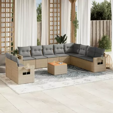 Set Divani da Giardino 11 pz con Cuscini Beige in Polyrattan