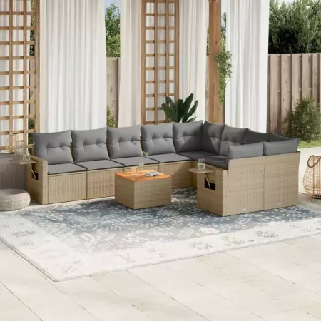 Set Divano da Giardino 10 pz con Cuscini Beige in Polyrattan