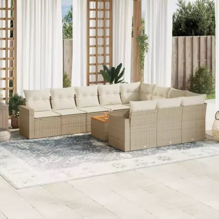 Set Divani da Giardino 11 pz con Cuscini Beige in Polyrattan