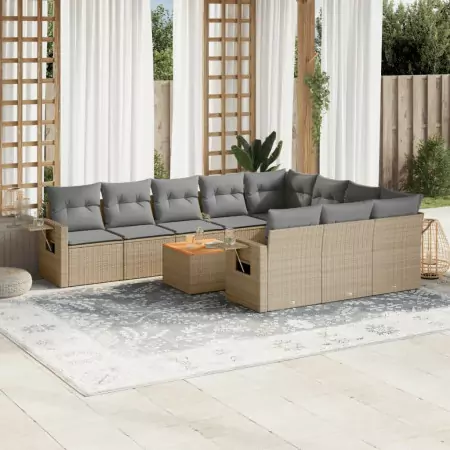 Set Divani da Giardino 11 pz con Cuscini Beige in Polyrattan