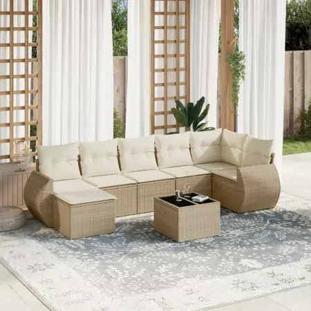 Set Divano da Giardino 8 pz con Cuscini Beige in Polyrattan