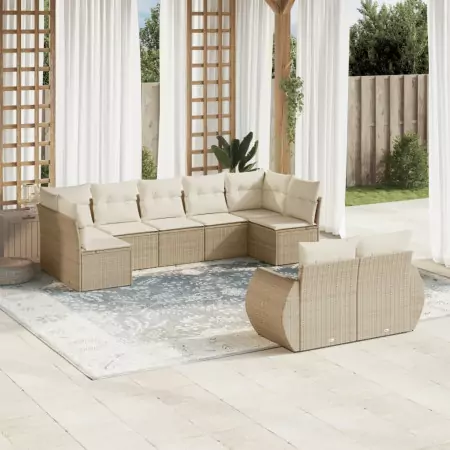 Set Divano da Giardino 9 pz con Cuscini Beige in Polyrattan