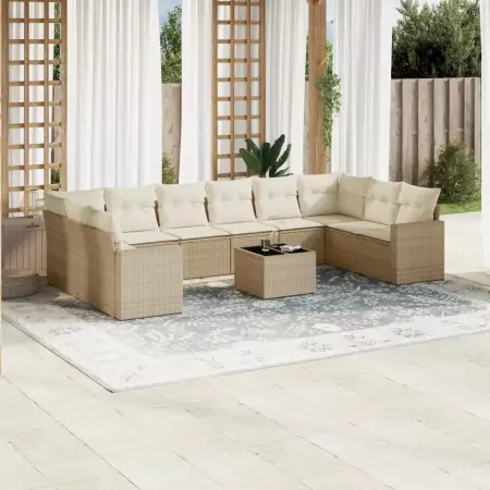 Set Divani da Giardino 11 pz con Cuscini Beige in Polyrattan