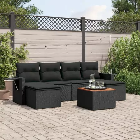 Set Divani da Giardino con Cuscini 7pz Nero Polyrattan