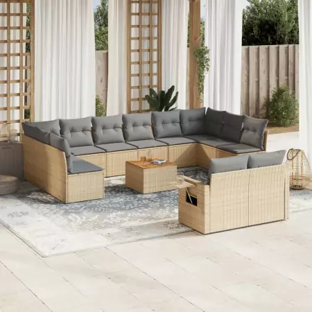 Set Divano da Giardino 13 pz con Cuscini Beige in Polyrattan