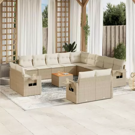 Set Divani da Giardino 14pz con Cuscini in Polyrattan Beige