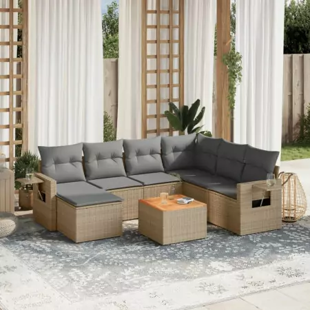 Set Divano da Giardino 8 pz con Cuscini Beige in Polyrattan