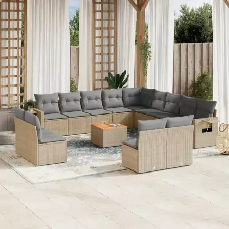 Set Divani da Giardino 14pz con Cuscini in Polyrattan Beige