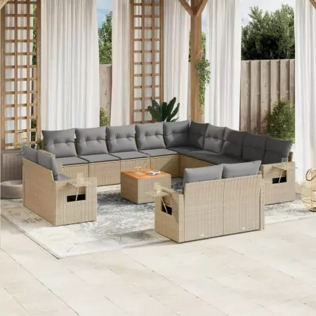 Set Divani da Giardino 14pz con Cuscini in Polyrattan Beige