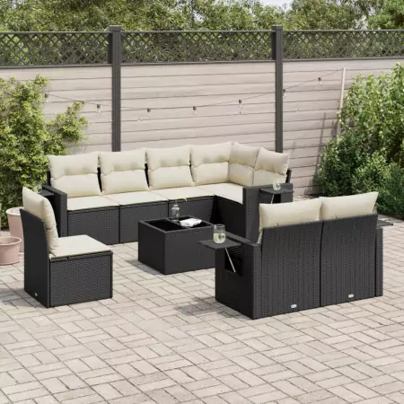 Set Divani da Giardino 9 pz con Cuscini Nero in Polyrattan