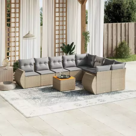 Set Divano da Giardino 10 pz con Cuscini Beige in Polyrattan