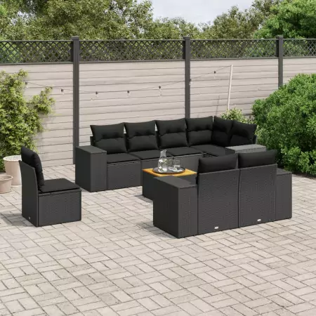 Set Divani da Giardino 9 pz con Cuscini Nero in Polyrattan