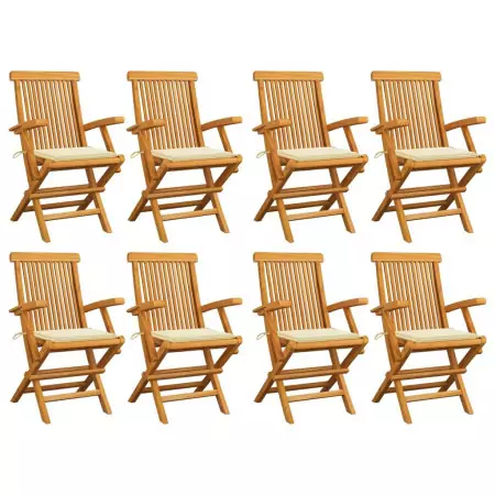 Sedie da Giardino con Cuscini Crema 8 pz in Massello di Teak