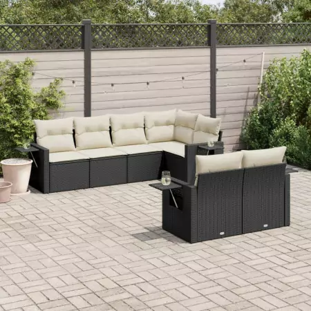 Set Divani da Giardino con Cuscini 7pz Nero Polyrattan