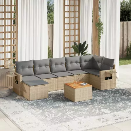 Set Divano da Giardino 8 pz con Cuscini Beige in Polyrattan