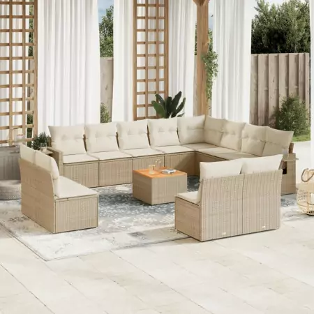 Set Divano da Giardino 13 pz con Cuscini Beige in Polyrattan