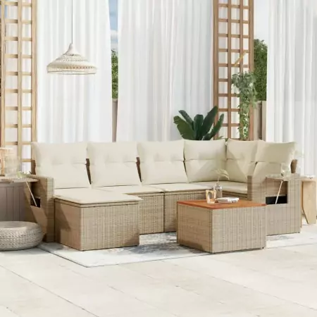 Set Divani da Giardino 7 pz con Cuscini Beige in Polyrattan